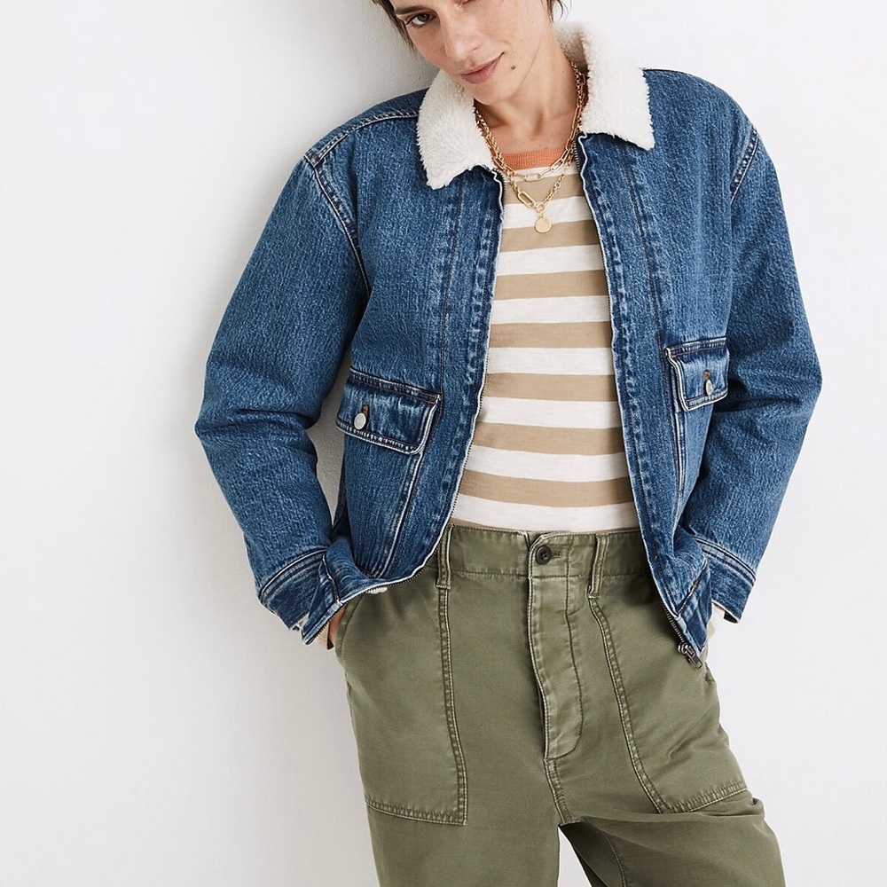 Sherpa-Lined Denim Zip Jacket